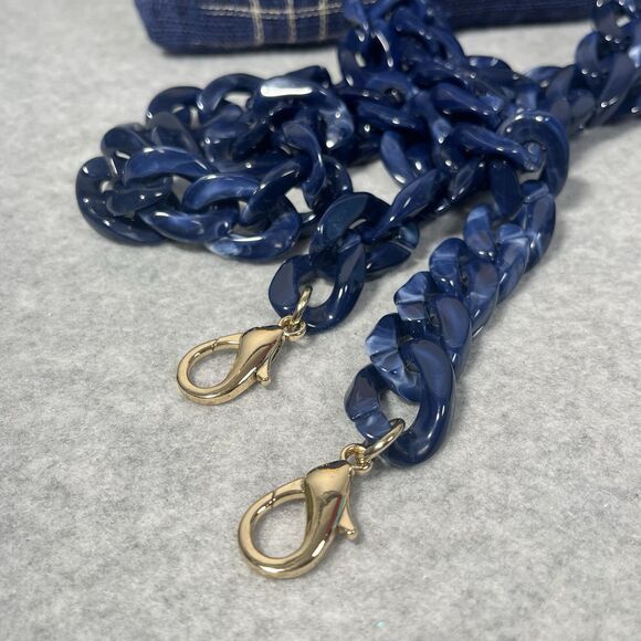 Pushi Blue Tweed Timber Handle Frame Clutch Detachable Strap Magnetic Closure - Picture 9 of 16